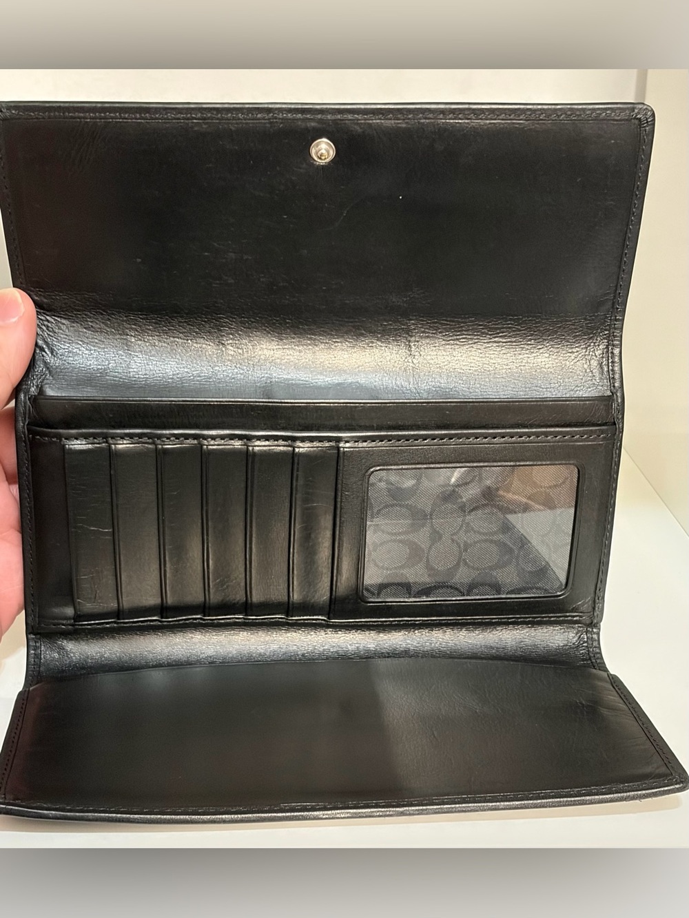 Vintage Coach Hampton Trifold Wallet in Black Leather & Jacquard Inner Lining